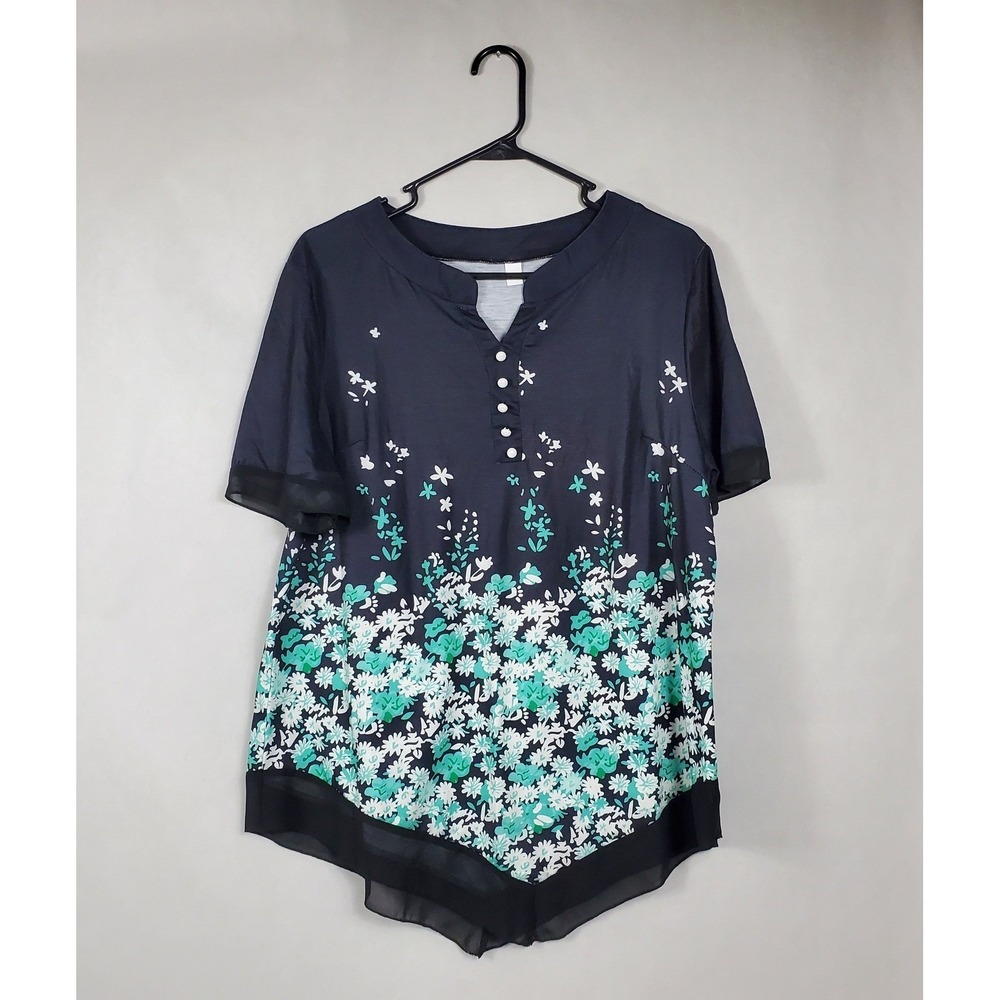 Womens Navy Teal Floral Short Sleeve Sharkbite Hem Blouse Top Large